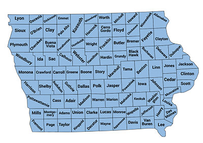 Map of Iowa with boundaries for and names of each county displayed