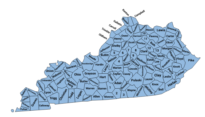 Map of the state of Kentucky with outlines and names for each county.