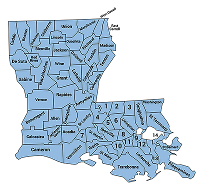 Map of Louisiana with boundaries and names for counties