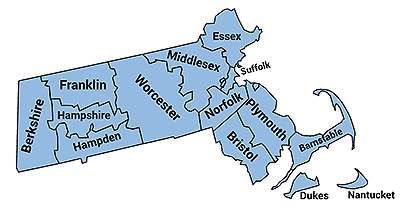 Map of Massachusetts with names and boundaries for counties