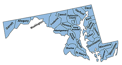 Map of Maryland with names and boundaries for counties