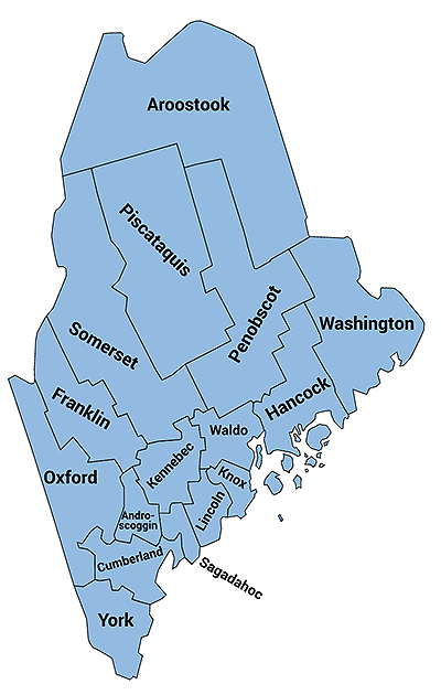 Map of Maine with boundaries and names of counties