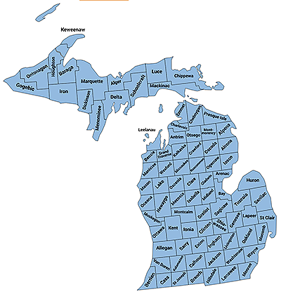 Map of the staet of Michigan with the outlines and names for each county.