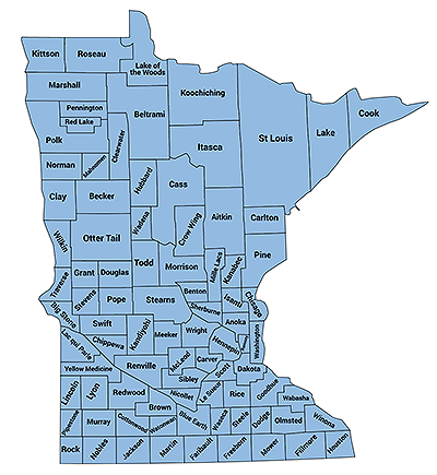 Map of Minnesota with boundaries and names for eacy county