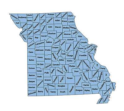 Map of Missouri with boundaries for and names of each county displayed