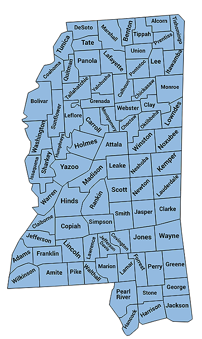 Map of Mississippi with boundaries for and names of each county displayed