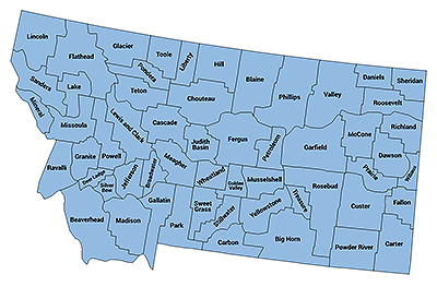 Map of Montana with boundary lines for each county.