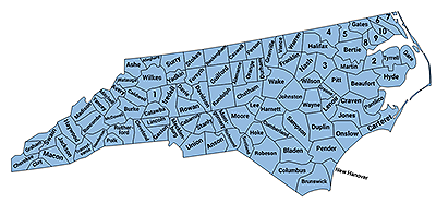 Map of North Carolina with boundaries for and names of each county displayed