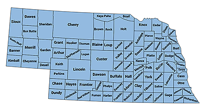 Map of Nebraska with boundaries for and names of each county displayed