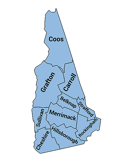 Map of New Hampshire with boundaries for and names of each county displayed