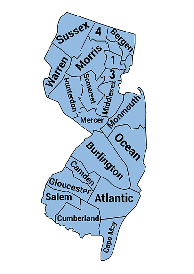 Map of New Jersey with boundaries for and names of each county displayed