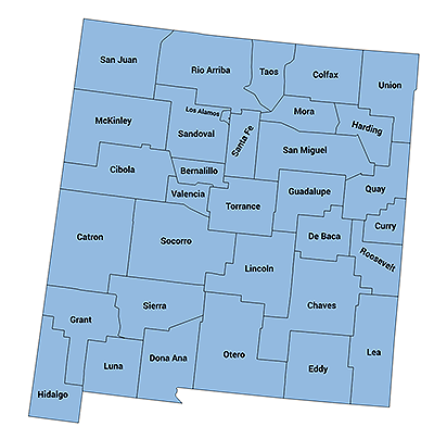 Map of New Mexico with boundaries for and names of each county displayed