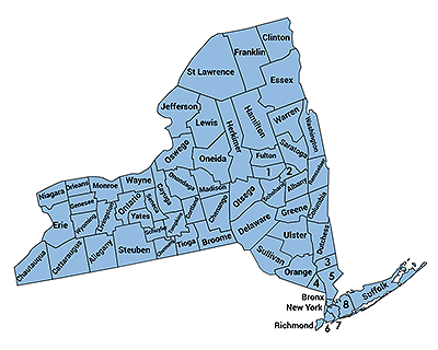 Map of New York State with boundaries for and names of each county displayed