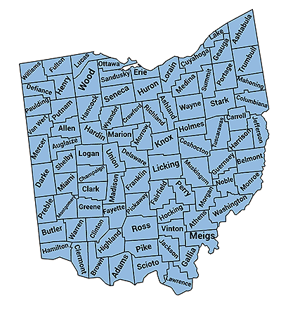 Map of Ohio with boundaries for and names of each county displayed