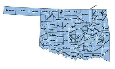 Map of Oklahoma with boundaries for and names of each county displayed