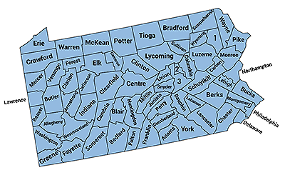 Map of Pennsylvania with boundaries for and names of each county displayed