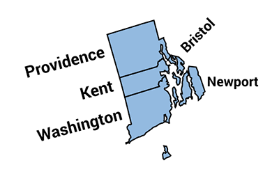 Map of Rhode Island with boundaries for and names of each county displayed