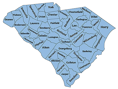 Map of South Carolina with boundaries for and names of each county displayed