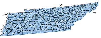 Map of the state of Tennessee with boundaries and names for each county.