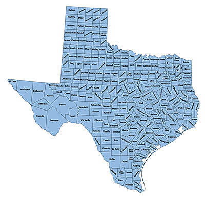 Map of the state of Texas with boundaries and names for each county.
