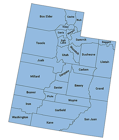 Map of Utah with boundaries for and names of each county displayed
