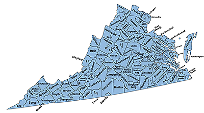 Map of Virginia with boundaries for and names of each county displayed