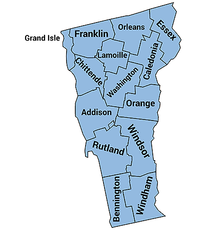 Map of Vermont with boundaries for and names of each county displayed