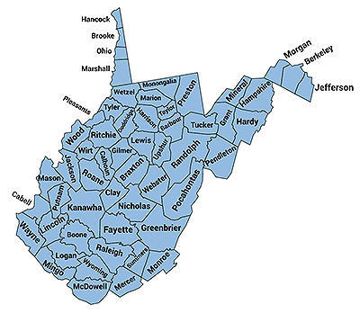 Map of West Virginia with boundaries for and names of each county displayed