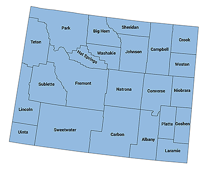 Map of Wyoming with boundaries for and names of each county displayed