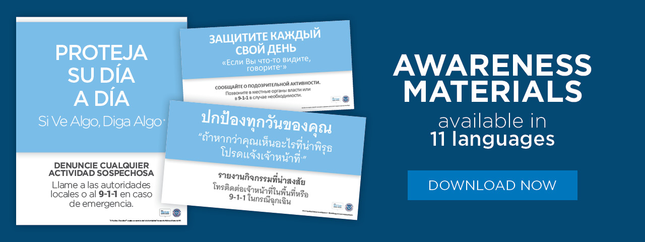 Graphic examples of downloadable translated campaign materials including posters, web banners, and social graphics.