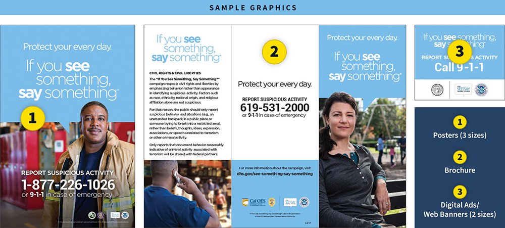 Graphic examples of downloadable pre-developed campaign materials including posters, brochures, and web banners.