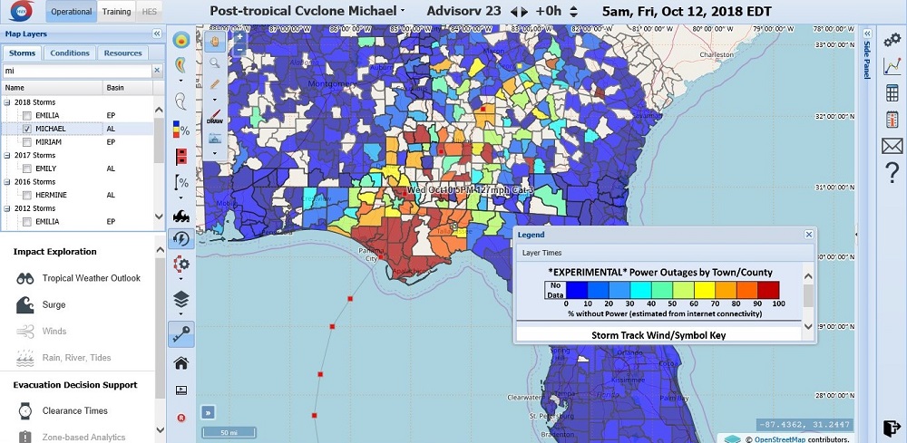 Screenshot of the HURREVAC application during hurricane Michael.