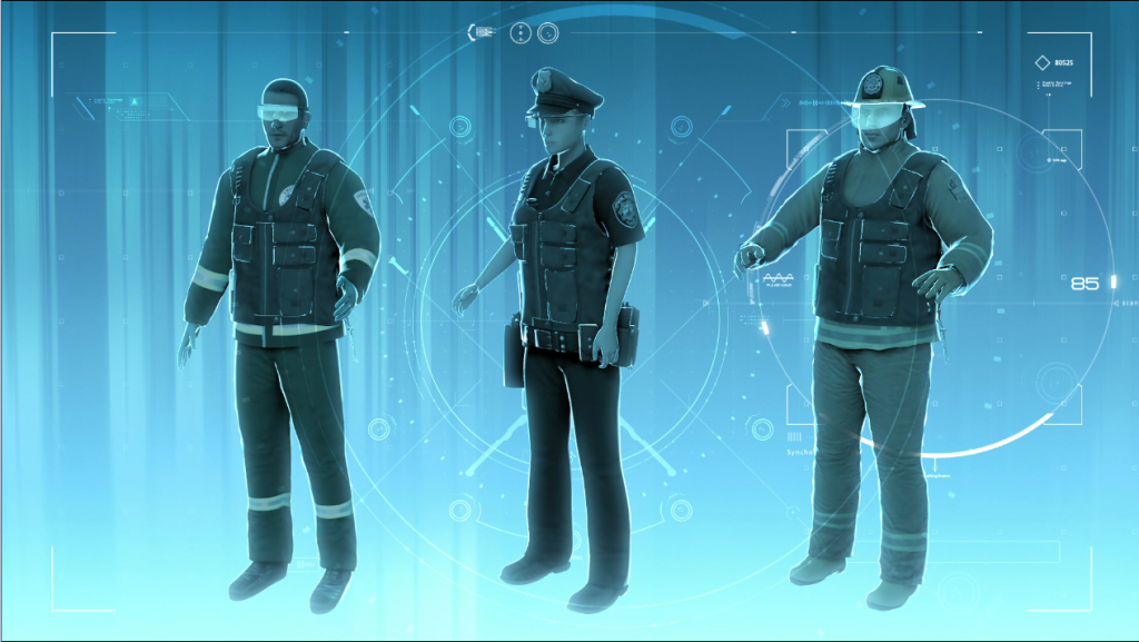 Drawings of a firefighter, policeman and emergency medical person all in futuristic equipment