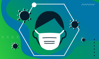 Graphic icon of a face wearing a mask with corona virus icons floating around.  
