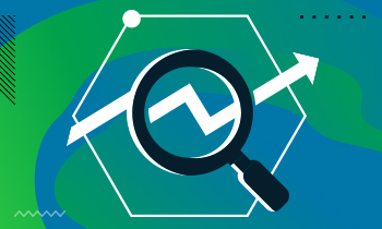 Graphic icon of magnifying glass and upward trending arrow. 