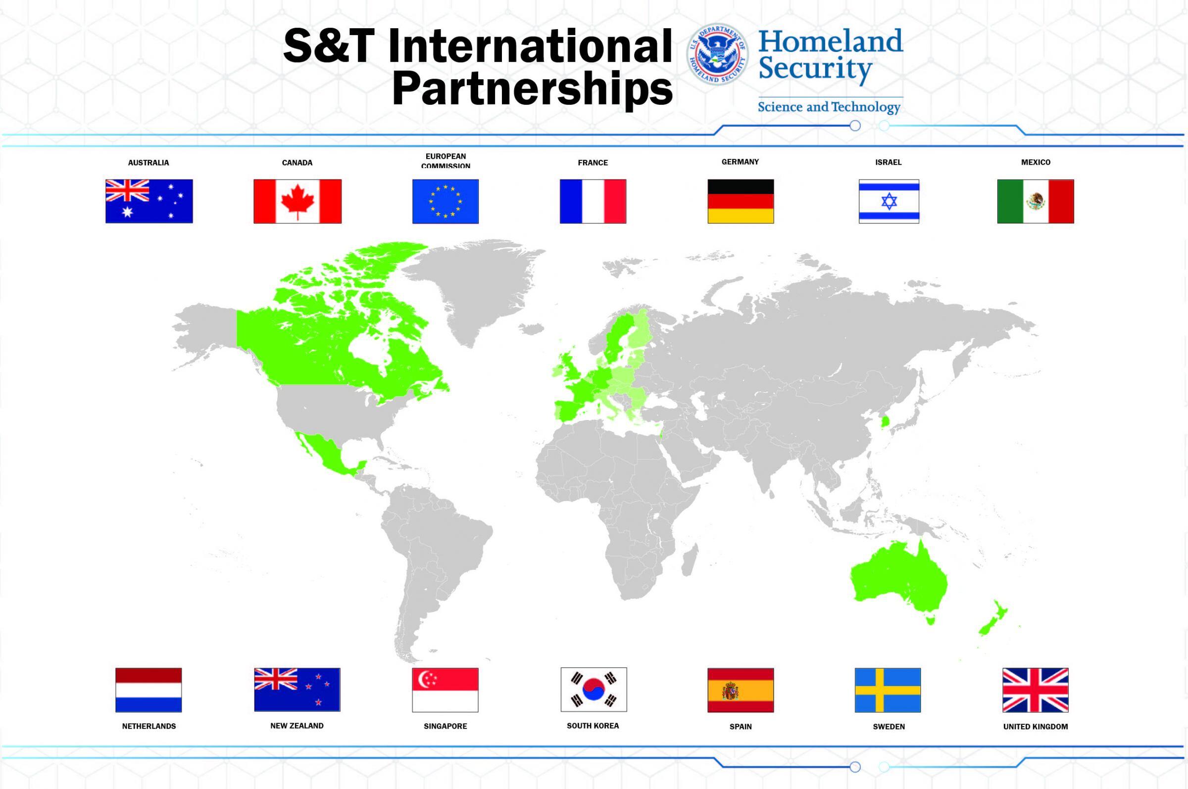 Map showing S&T international partnerships highlighted in green along with maps: Australia, Canada, European Commission, France, Germany, Israel, Mexico, Netherlands, New Zealand, Singapore, South Korea, Spain, Sweden, and United Kingdom.