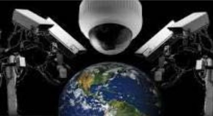 Surveillance camera system placed over the northern hemisphere on the earth with a dark background.
