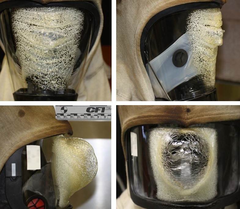 SCBA facepieces can be damaged by excessive heat. Burn Saver can alert firefighters when they are in dangerous thermal environments and provide warnings to evacuate before their PPE is damaged, helping minimize risk to firefighters. (Photos provided by the National Institute of Standards and Technology)