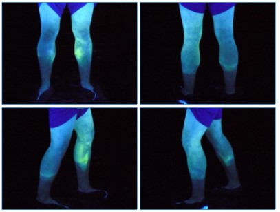 (4 images cropped together) Test subject with demonstration of particulate buildup on the legs under a black light.