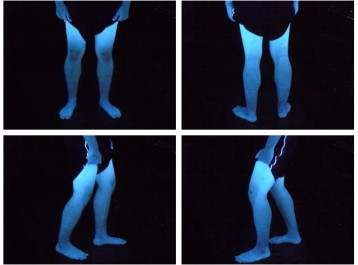 (4 images cropped together) – Test subject demonstrates the absence of particulate buildup on the legs under a black light. 