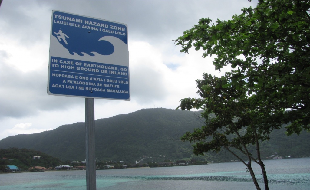 Tsunami warning sign at a coastal area