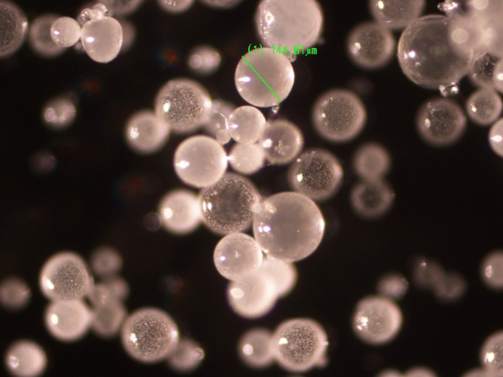 Polycarbonate microspheres (seen here at a diameter of 144.61 um.) developed by ALERT researchers to make K-9 training safer.