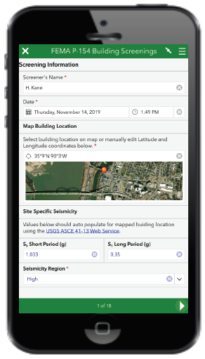 Mobile phone screenshot of the FEMA P-154 Building Screening App.