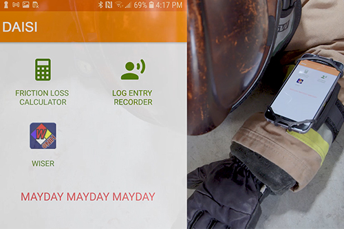 DAISI interface lists friction loss calculator, log entry recorder, WISER, and mayday alert for responder in peril.
