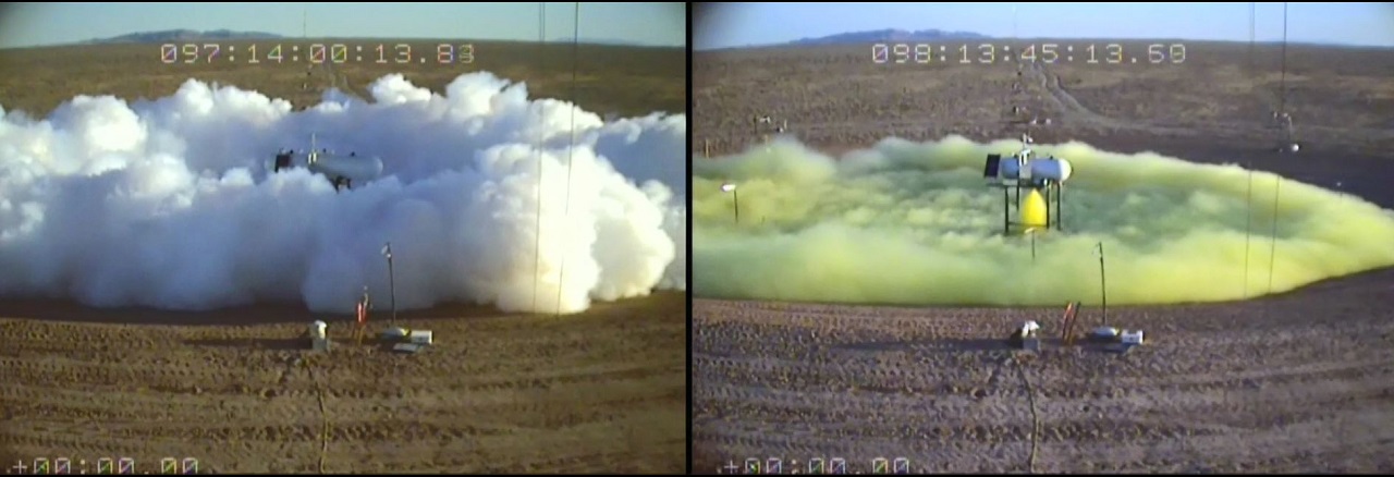 Side-by-side comparison of previous Jack Rabbit test releases of anhydrous ammonia (left) and chlorine (right) at Dugway Proving Ground, Utah. Ammonia will gradually rise as it warms, while chlorine, which is heavier than air, will stay close to the ground.