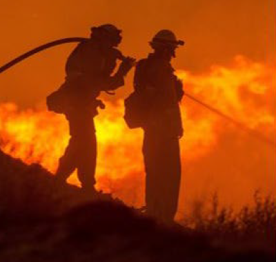 Firefighters battle a wildland fire.
