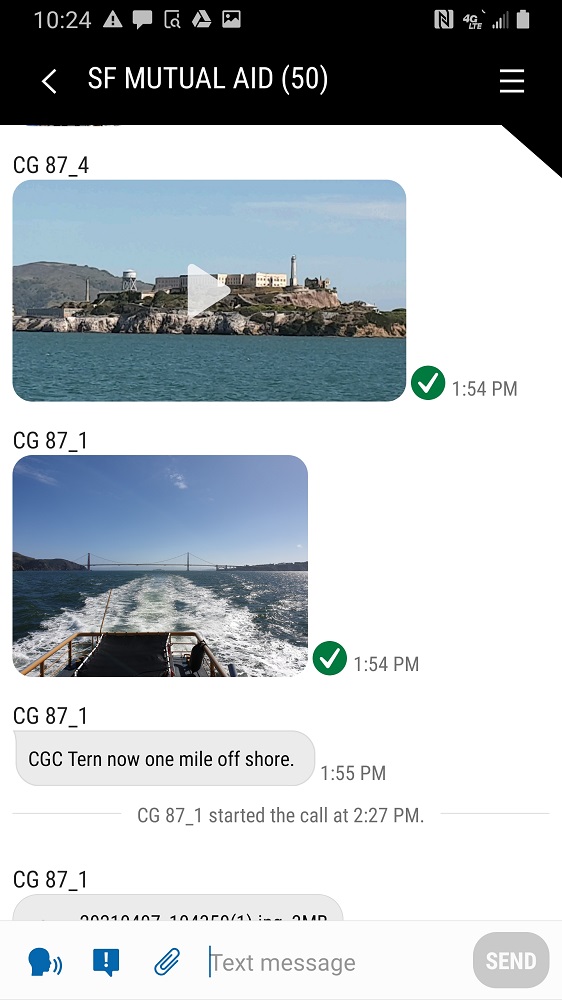 Screenshot of the FirstNet Push-to-Talk app interface shows a San Francisco Mutual Aid Talk Group communicating during one of the exercise scenarios. The group shared photos from boats in the water and location updates, which are all time-stamped.