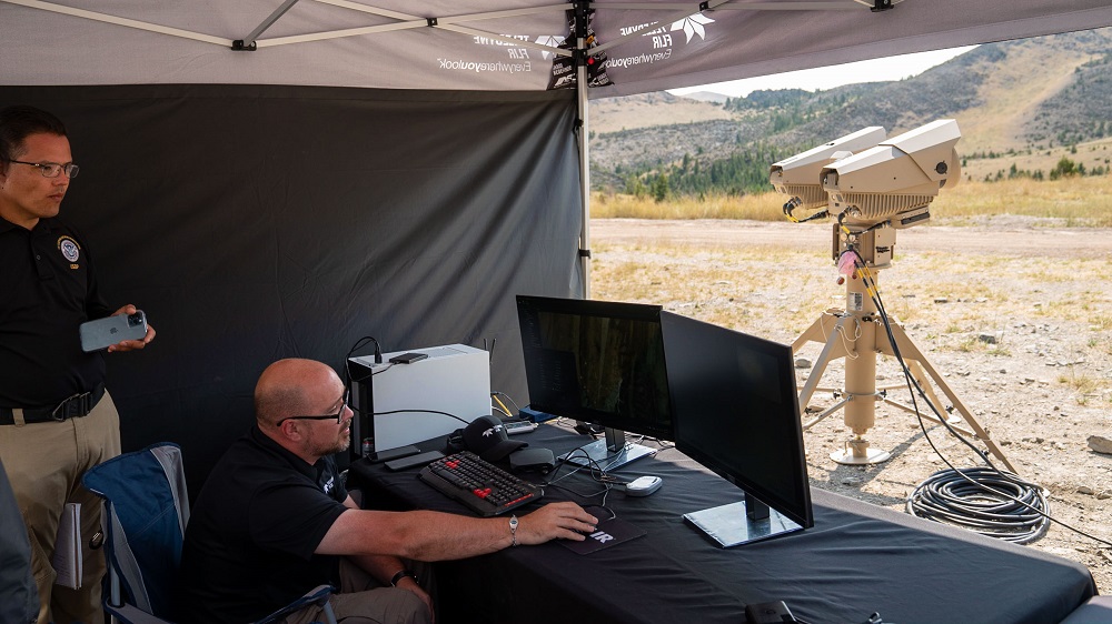 A vendor monitors an electro-optical camera to see if it can detect, track, and locate drones and small passenger craft that are conducting test flights at Limestone Hills.