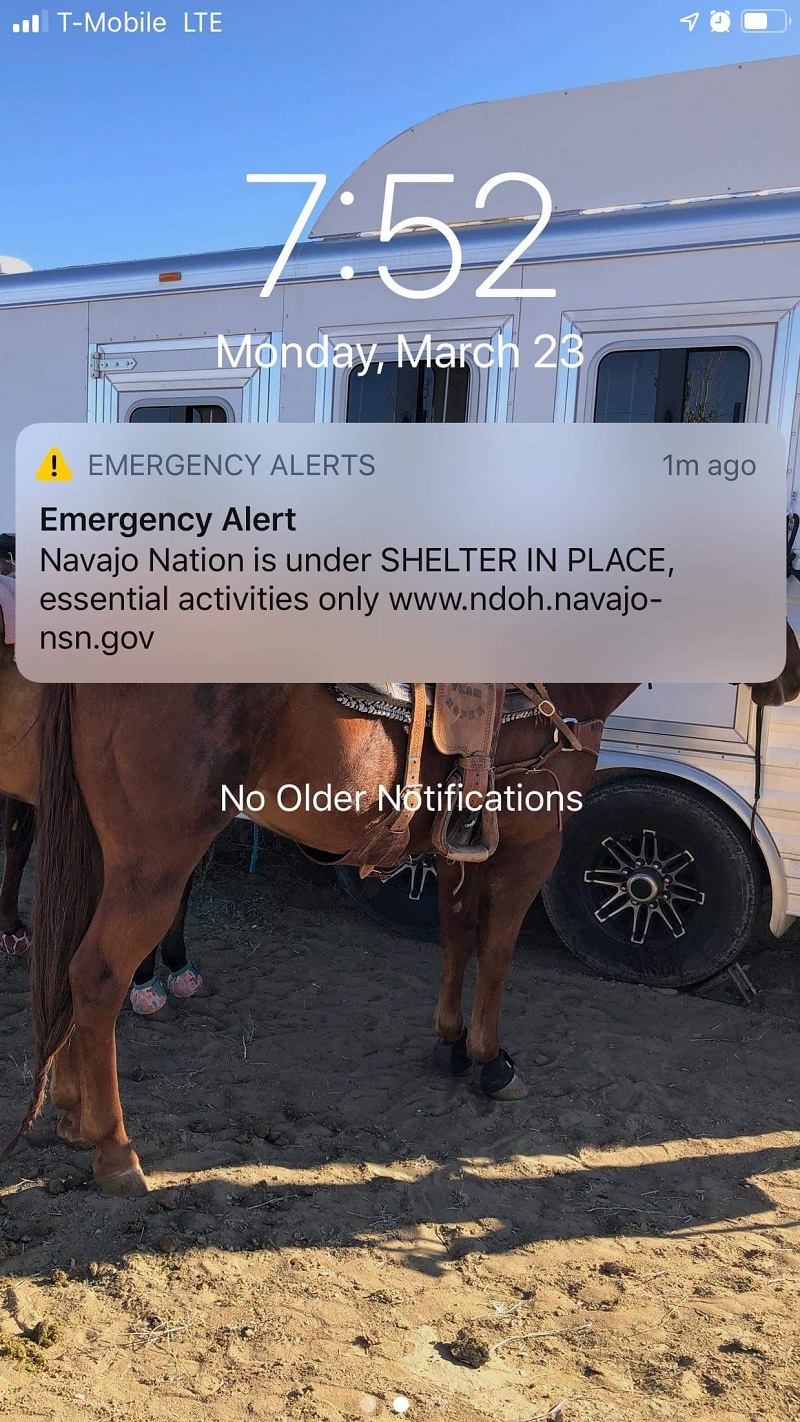 Cell phone alert sent out to the Navajo Nation reminding residents of the shelter-in-place. Emergency Alert: Navajo Nation is under SHELTE IN PLACE, essential activities only www.ndoh.navajo-nsn.gov