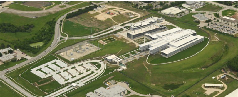 At center an aerial view of the NBAF campus in Manhattan, Kansas.